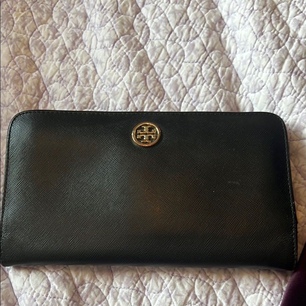 Tory Burch Black Leather Clutch with Gold Emblem